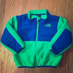 Lime green and blue fleece North Face coat